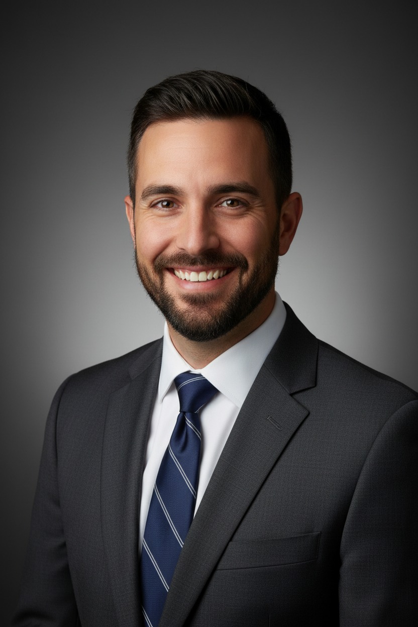 A smiling man in a dark suit, white shirt, and blue tie against a grey gradient background.